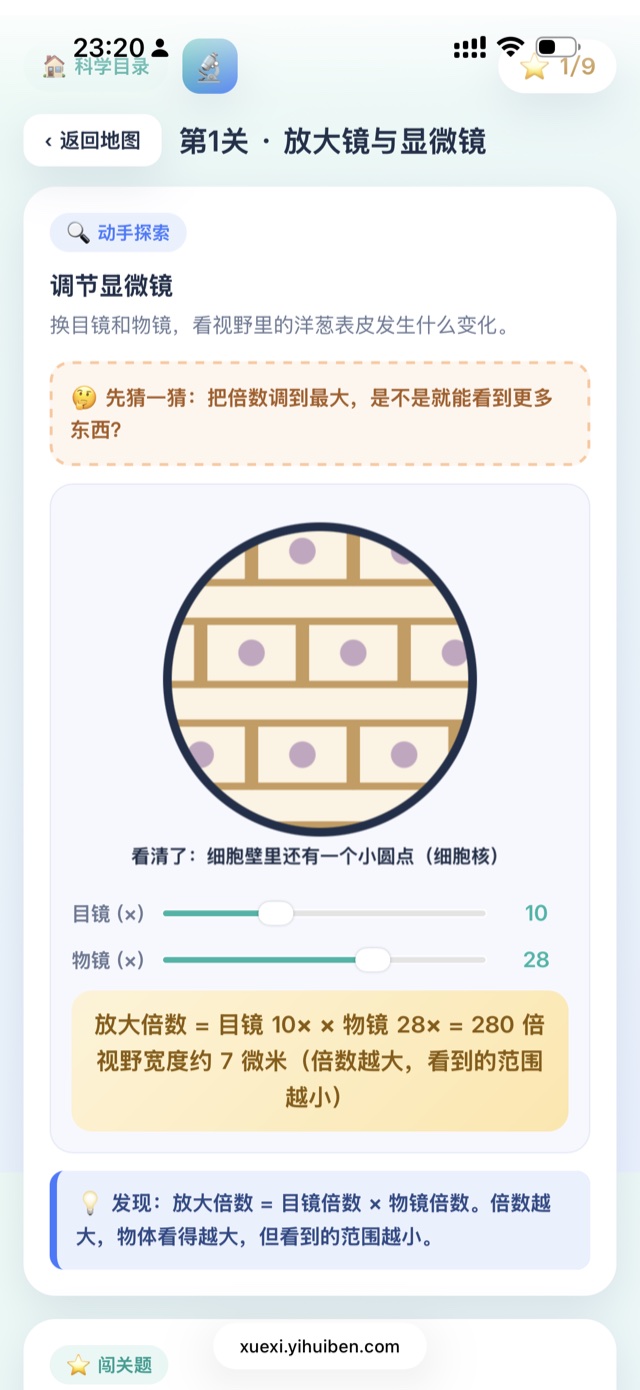 科学互动关卡：放大镜与显微镜，调目镜物镜看洋葱表皮细胞的变化